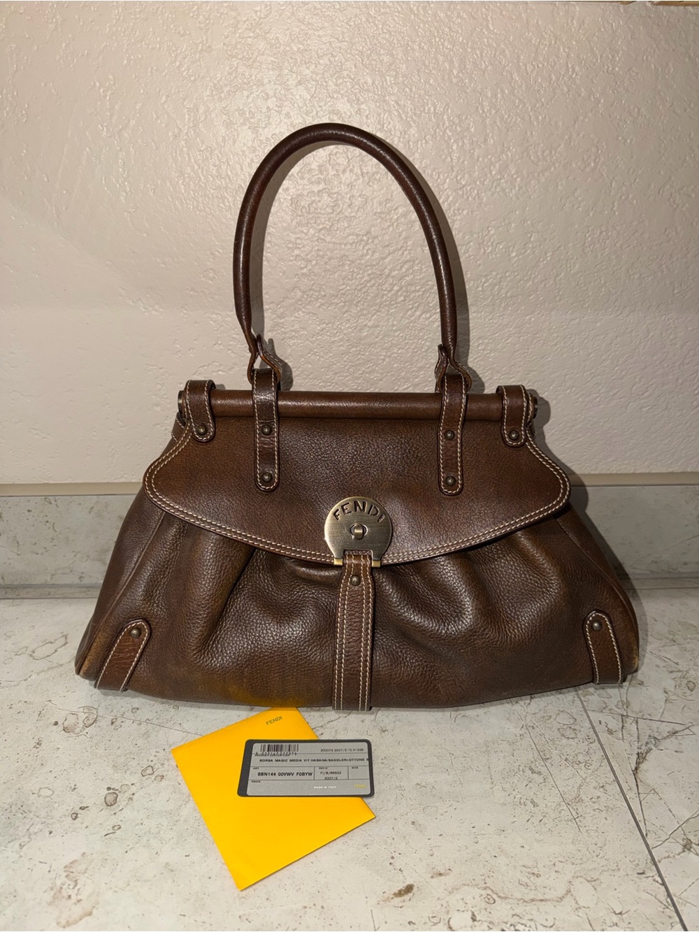 FENDI Dark Brown Leather Satchel with Gold-Tone Hardware